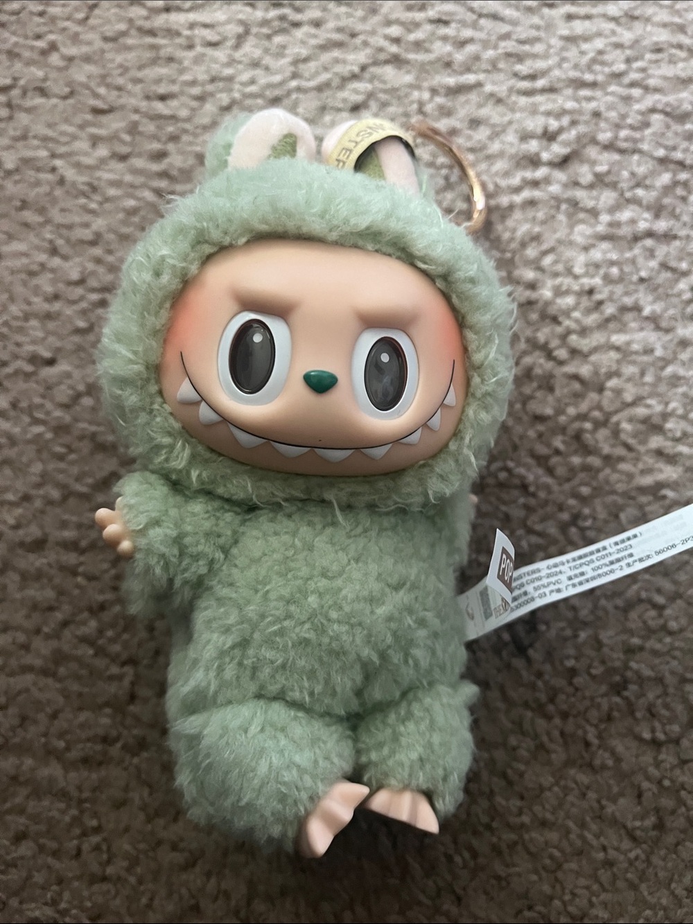 Labubu Green Fuzzy Monster Keychain Plush with Pink Packaging